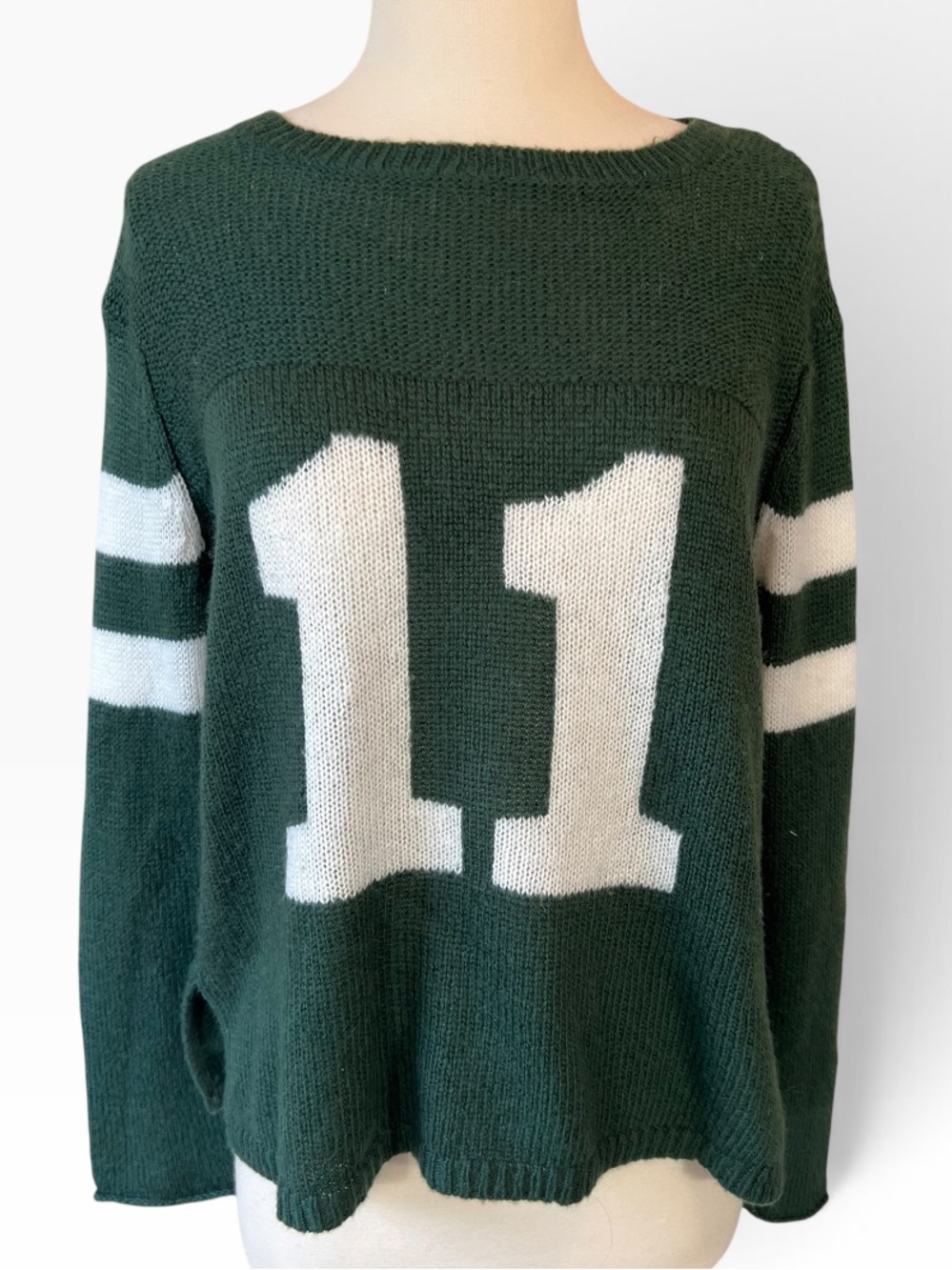 Wooden Ships Custom Jersey Number 11 Knit Crewneck Sweater in Green/White